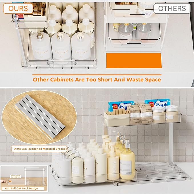 Yieach 2 Pack 14.6″ Deep Pull Out Under Sink Organizer,12.8″ High 2 Tier Slide Out Cabinet Organizer for Kitchen Cabinet,Undersink Organizers,Under Sink Shelves,Bathroom Organizers and Storage,Clear