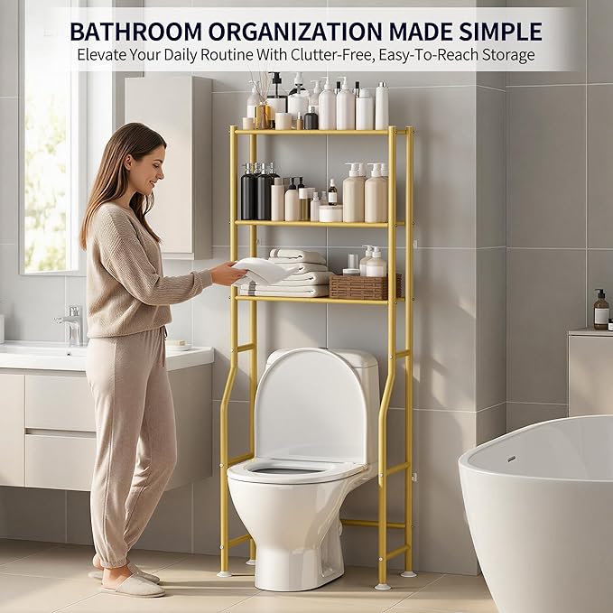 3-Tier Over The Toilet Storage, Freestanding Metal Bathroom Shelves, Space Saver Above The Over Toilet Storage Shelf for Bathroom (Gold)