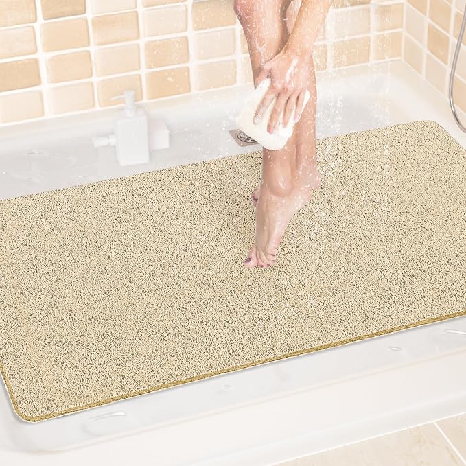 LuxStep Shower Mat Bathtub Mat,40x24 inch, Non-Slip Bath Mat with Drain, Quick Drying PVC Loofah Bathmat for Tub,Shower,Bathroom,Khaki