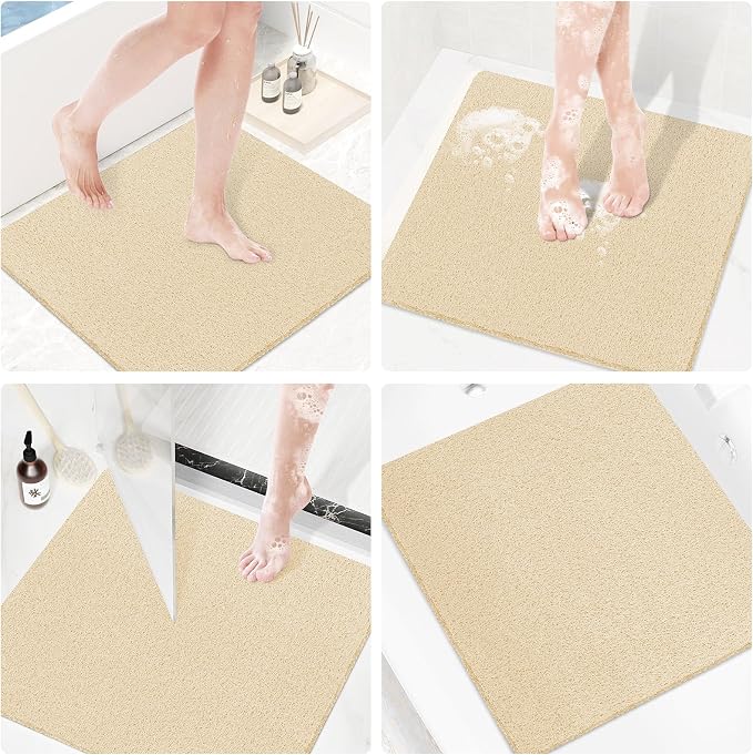 Shower Mat Bathtub Mat Non-Slip,24x24 inch, Soft Tub Mat with Drain,PVC Loofah Bath Mat (Phthalate Free) for Tub and Bathroom,Quick Drying,Khaki