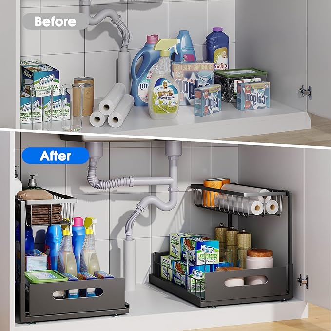 Under Sink Organizer, 2 Tier Pull-Out Cabinet Storage Shelf, Rust-Resistant Metal Organizer for Kitchen Bathroom Laundry Room, No Tools Installation, 1 Pack Black