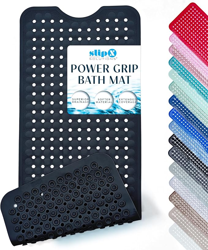 SlipX Solutions Power Grip Bathtub Safety Mat | Precision Grip Technology for Longer, Stronger, & Softer Wet Surface Protection | Solid Black 39"x16"