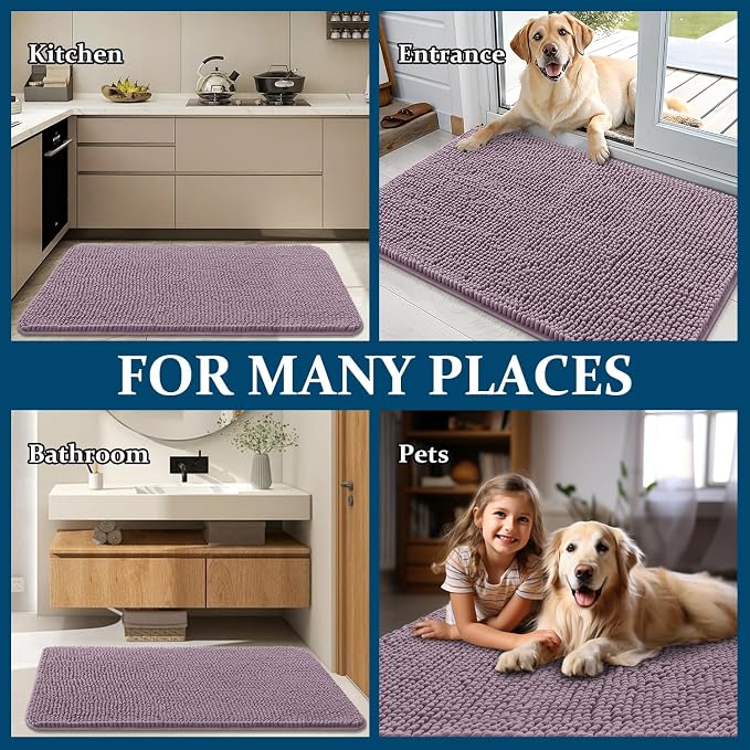 OLANLY Dog Door Mat for Muddy Paws 50x30, Absorbs Moisture and Dirt, Absorbent Non-Slip Washable Doormat, Quick Dry Chenille Mud Mat for Dogs, Entry Indoor Entryway Carpet for Inside Floor, Deep Plum