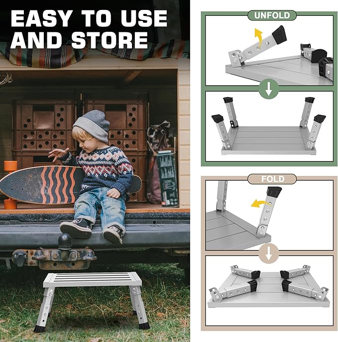 Adjustable Height Aluminum RV Step, Stable Foldable Platform Step Stool, Supports Up to 1,000 lb, Non-Slip Rubber Feet and Platform Mat, Easy to Carry (Silver)