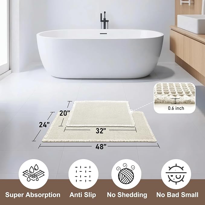 JIUZHEN Set of 2 Waffle Bath Mats Non Slip Waffle Bathroom Runner Rug Washable Boho Runner Bath Rugs Super Absorbent Shower Mat for Bathroom Kitchen Hallway Laundry, 20" x 32" +24" x 48", Ivory
