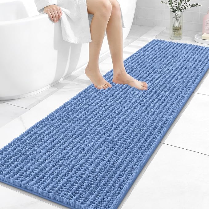 OLANLY Long Bathroom Rugs Runner 59x20, Thick Soft and Absorbent Chenille Bath Mat, Non-Slip, Machine Washable Quick Dry Bath Rugs for Tub Shower Floor, Home Decor Accessories, Cornflower Blue