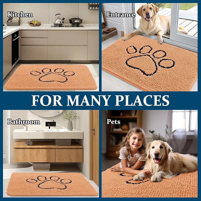 OLANLY Dog Door Mat for Muddy Paws 48x30, Paw Print Design, Absorbs Moisture and Dirt, Absorbent Non-Slip Washable Doormat, Quick Dry Chenille Mud Mat for Dogs, Entry Indoor Entryway Carpet, Orange