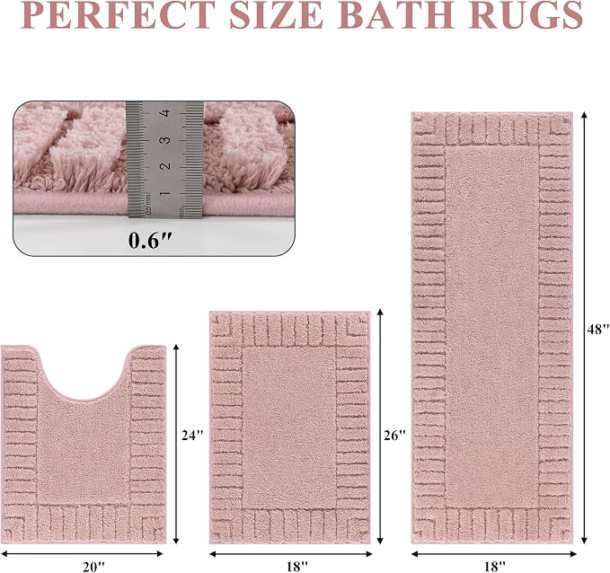 Pauwer Bathroom Rugs Sets 3 Piece Bathroom Shower Rugs with U-Shaped Contour Toilet Mat Absorbent Microfiber Plush Bath Mats Non Slip Bath Rug Machine Washable Shaggy Bath Mat Set, Dusty Pink