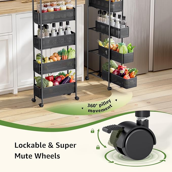 KINGRACK Slim Storage Cart with Drawer, 5-Tier Rolling Utility Cart on Wheels, Narrow Metal Cart for Space Save, Easy Assembly for Kitchen Cart, Craft Cart, Laundry, Bathroom, Nursery Organizer