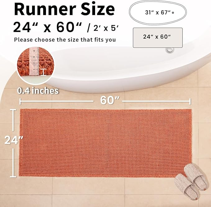 Waffle Runner Bath Mat - Long Boho Bathroom Rugs Non Slip Washable, Super Absorbent & Quick Dry, Soft Bath Mat Farmhouse Bathroom Decor, 24'' x 60'', Dirty Orange