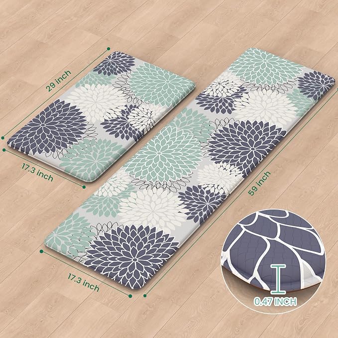 Anti Fatigue Kitchen Mats,Non Slip Boho Dahlia Kitchen Rugs Sets 2 Piece,Waterproof Farmhouse Kitchen Mat for Floor,Cushioned Standing Mat for Office,Laundry,Sink,Desk,Mutil-Cyan
