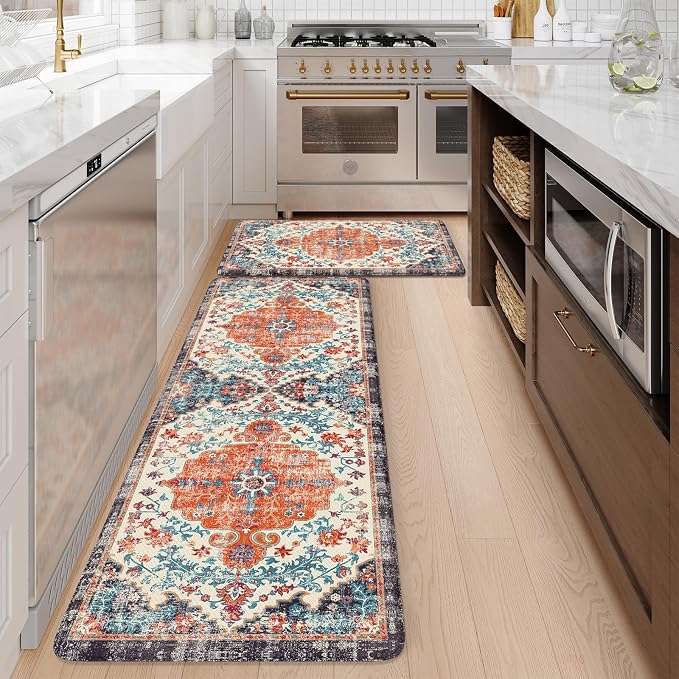 KIMODE Anti Fatigue Kitchen Mats, Boho Vintage Kitchen Rugs - Sets of 2, Cushioned Non Slip Comfort Rugs for Kitchen Floor, Sink, Laundry, Desk - Orange/Purple 20"x47"+20"x32"
