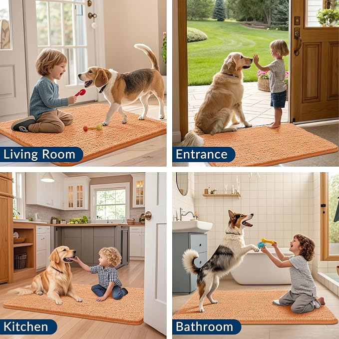 Smiry Dog Door Mat for Muddy Paws 47x24, Absorbent Dirt Trapper, Non-Slip Washable Chenille Entryway Rug for Inside Floor, Orange, Classic Solid