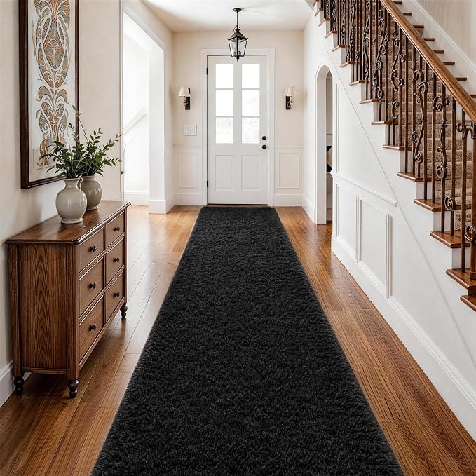Ophanie Runner Rug for Hallway, 2.5x12 Washable Non-Slip Fluffy Soft Bedside Rugs, Bedroom Living Room Shaggy Carpet for Kids Girls Boys Dorm Nursery Home Decor Aesthetic, Black