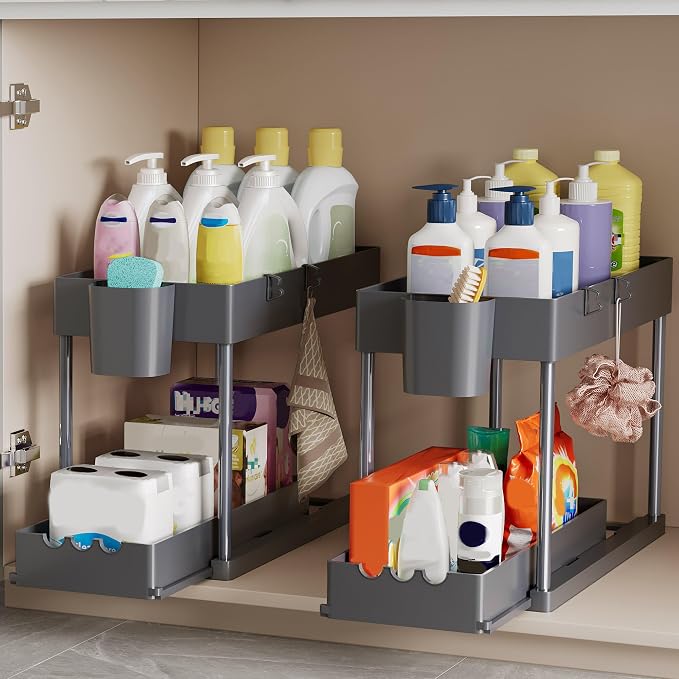 2 Pack Under Sink Organizers and Storage, 2-Tier Sliding Cabinet Organizer Drawer for Bathroom and Kitchen – Multi-Purpose Cabinet Organizer with Easy Pull-Out Design (Grey)