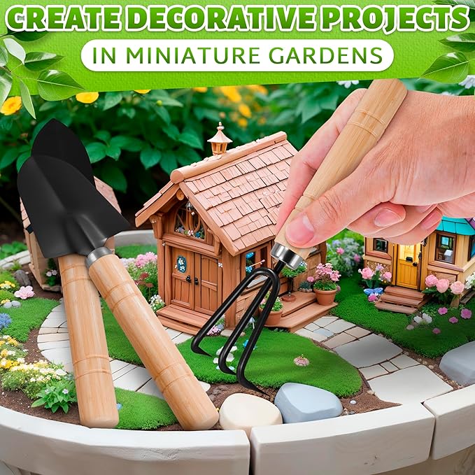 Small Garden Tools - 3 Pcs Mini Garden Tools Set with Small Trowel, Mini Shovel & Hand Rake Made of Rust-Resistant Iron & Solid Wood - Indoor Gardening Tools Set for Succulent, Bonsai & Pot Plants