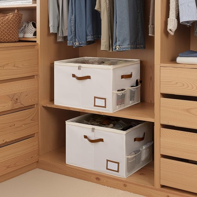 StorageWorks Shoe Organizer for Closet, 2 Pack Shoe Storage Boxes with Clear Lid, Stackable Shoe Storage Organizer for Sandals and Slippers, Fabric Shoe Bins for Closet, Holds 16–32 Pairs, Beige