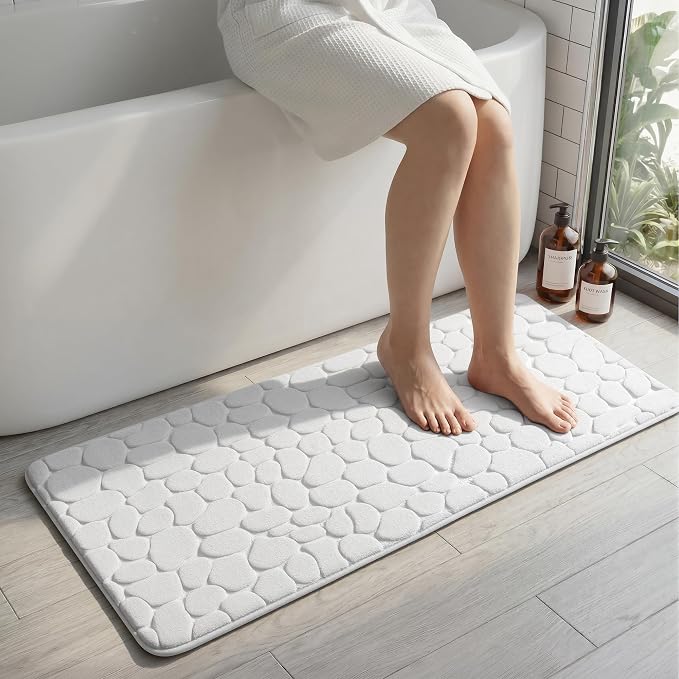 YIHOUSE Memory Foam Runner Rug, Cobblestone Bathroom Runner Rugs Super Water Absorbent Bath Mats for Bathroom Machine Washable Bath Rugs for Hallway Bedroom Laundry Room(20 x 47,White)