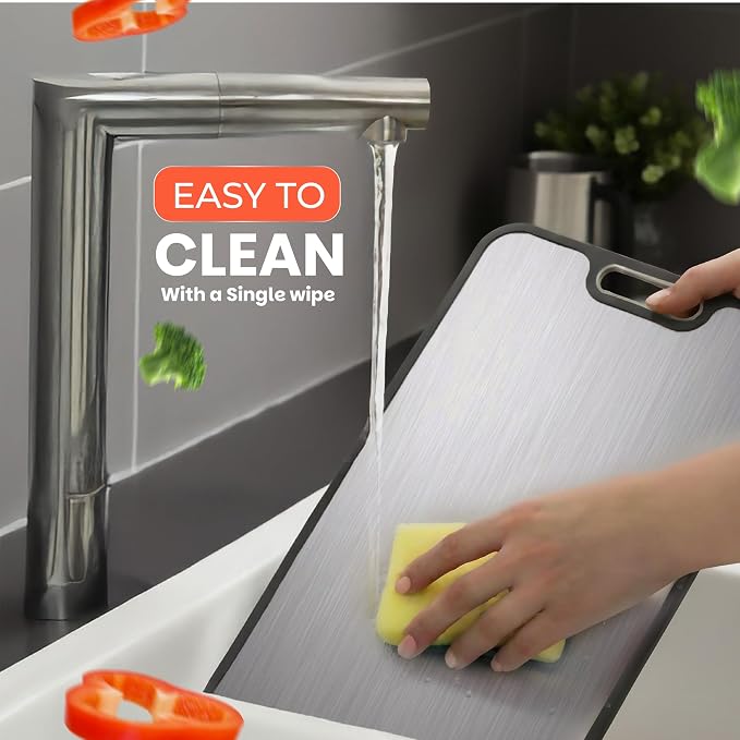 Titanium cutting board for kitchen use. Non-toxic, food-safe, and easy to clean. 2-in-1 double-sided design for meat & veggies. Includes knife sharpener & 2 peelers. Large 16” x 11”.
