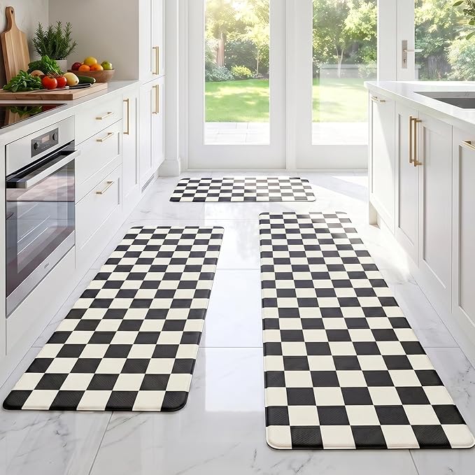 Beige Black Checkered Grid Checkerboard Kitchen Rug Sets [3 PCs], Anti-Fatigue, Waterproof Non-Slip Kitchen Mats Heavy Duty Ergonomic Comfort Foam Rug for Floor, Laundry,17" Wx29/47/59“L
