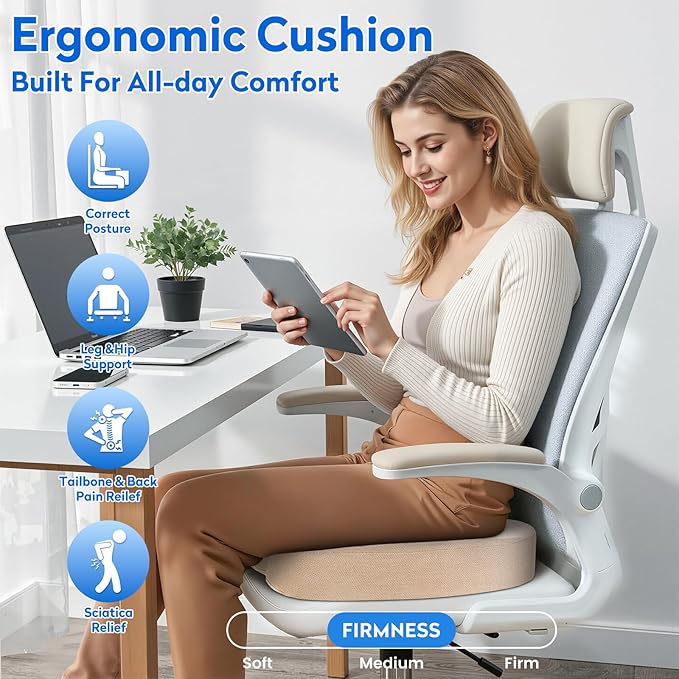 XXL Seat Cushion Office Car Seat Cushion, Memory Foam Cushion for Office Chair, Car Seat, Airplane, Bleacher Non-Slip Chair Pad (Khaki