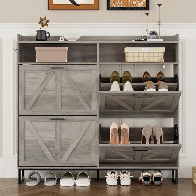 BORNOON Shoe Cabinet with 4 Flip Drawers Narrow Shoe Storage Cabinet Organizer Wooden Freestanding Shoe Rack Hidden Slim Shoes Storage Cabinet for Entryway, Hallway, Living Room, Bedroom