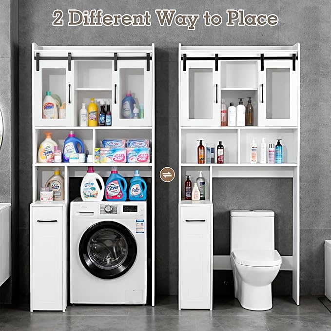 Over The Toilet Storage Cabinet, Extendable Rolling Drawer-Style, Mobile, Acrylic Sliding Doors, Adjustable Shelving, Compact Bathroom Storage with Toilet Paper Holder for Bathroom, Laundry Room