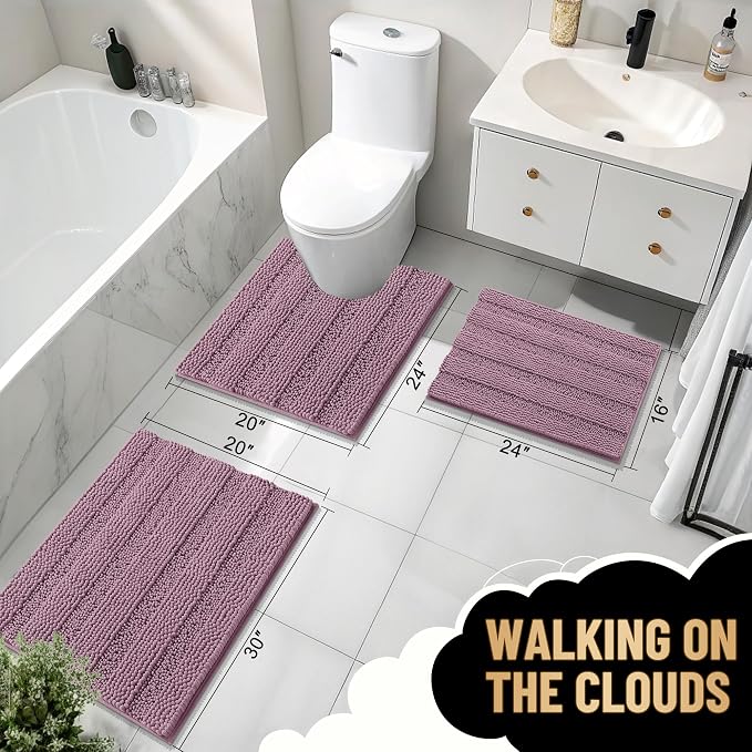 OLANLY Thick Bathroom Runner Rugs 47x24, Extra Absorbent Chenille Striped Bath Rugs, Rubber Backing, Machine Wash Dry, Long Bath Mats for Bathroom, Tub and Shower, Home Decor Accessories, Deep Plum