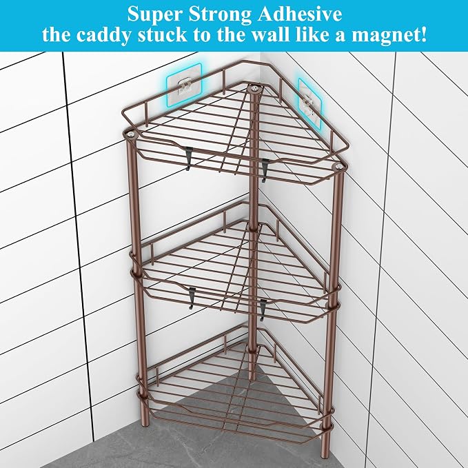 HuggieGems 3 Tier Floor Standing Corner Shower Caddy Organizer Shelf with Hooks, Bathroom Shelves Stand Rack, Coffee