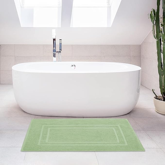 Feather & Stitch 2 Piece Towel Like Bath Mats (30x21 Inch) 100% Cotton Terry Bath Mats, Bathroom Shower Floor Mats [NOT A Bathroom Rug], Soft Absorbent Washable Mats - Pastel Green
