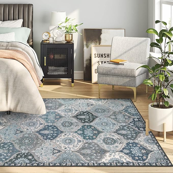 Lahome Moroccan Machine Washable Area Rugs, 4x6 Rug for Living Room Bedroom, Soft Non-Slip Rug Vintage Trellis Ultra-Thin Throw Carpet for Dining Room Office Elise, Blue