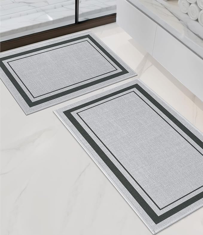 chakme 2 Piece Bathroom Rug Set, Ultra Thin Bath Mat, Quick Dry, Absorbent, Non Slip, Machine Washable, Light Grey, 17"x24"+17"x32"