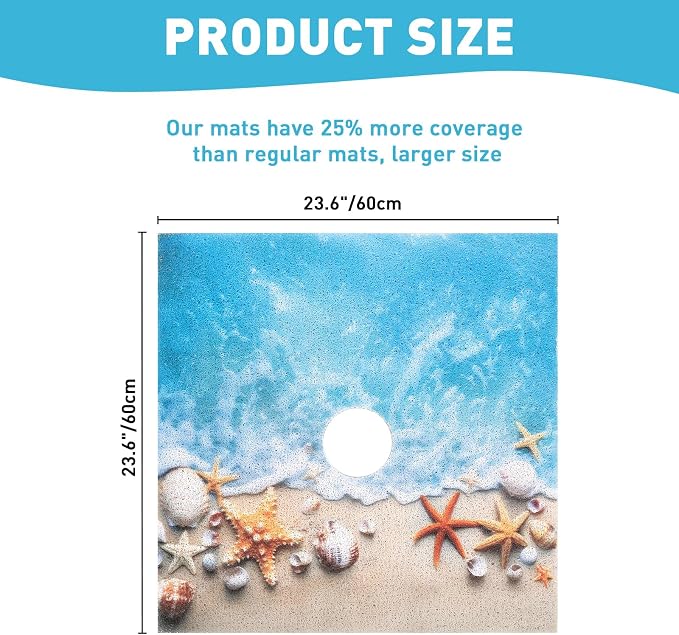 Square Shower Mat Non Slip: 24 x 24 Inch Extra Large Shower Mats with Drain Hole in Middle - PVC Loofah Anti Slip Shower Floor Matt for Inside Shower