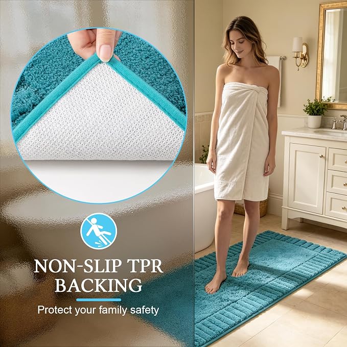Pauwer Bathroom Rugs Sets 3 Piece Non Slip Machine Washable Bathroom Shower Rugs with U-Shaped Contour Toilet Mat Plush Shaggy Absorbent Microfiber Bath Mat Set, Aqua Blue