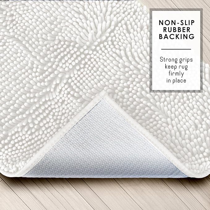 Hearth & Harbor Bathroom Rugs, Chenille Bath Mat - Machine Washable Bath Mats for Bathroom Non-Slip Backing Rubber, Quick Dry Bathroom Mat - White 24x36