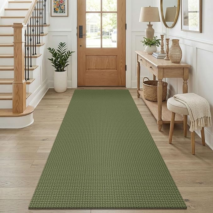KOZYFLY Cotton Runners for Hallway 3x8, Wide Washable Runner Rug, Woven Non Slip Kitchen Runner, Braided Entryway Rug, Floor Carpet for Foyer, Bedroom, Hall, Olive Green/Earthy Green