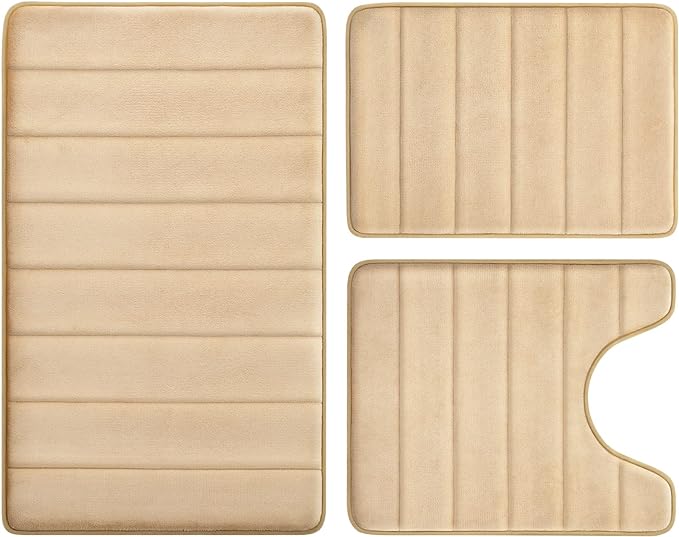 BYSURE Beige Memory Foam Bathroom Rug Set 3 Piece, Non Slip Extra Soft Absorbent Bath Mats, Machine Washable & Dry Toilet Mat Sets for Bathroom Floor
