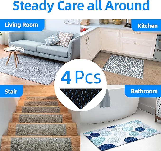 4 Pcs Rug Tape, Non Slip Rug Pads Grippers for Hardwood Floors and Tiles, Reusable Carpet Tape for Area Rugs, Double-Sided Adhesive Rug Stickers Keep Corners Flat