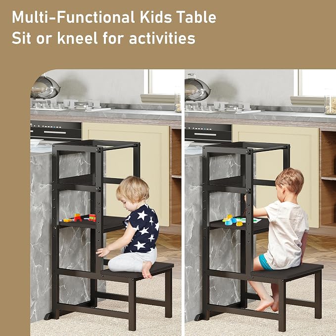 INNOD Kitchen Step Stool for Toddlers, Height Adjustable Toddler Tower with Safety Rail, Steel and Wood Toddler Kitchen Stool Helper Kids, Stool for Kids, Learning Tower, Kids' Desk Black
