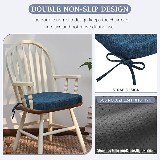 baibu Kitchen Chair Cushions Set of 4, Dual-Layer Patented Design Memory Foam Dining Chair Pads with Ties and Washable Cover, 4 Pack, 17" x 16" x 2", Blue