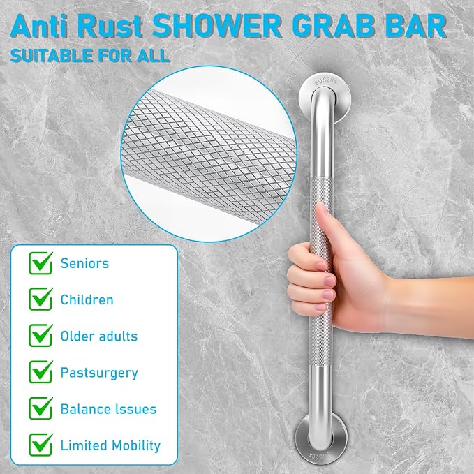 2-Pack Shower Grab Bars & Bathtub Safety Handles - 304 Stainless Steel Textured Non-Slip Assist Rails for Seniors & Mobility Support - Anti-Fall Bathroom Support for Tub, Shower & Toilet Area, 16 Inch