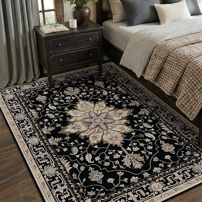 RELEANY Area Rugs 5'x7' Washable Non-Slip, Floral Vintage Distress Medallion Carpet for Living Room Bedroom Dining Room, Black Brown Neutral Dark Tan