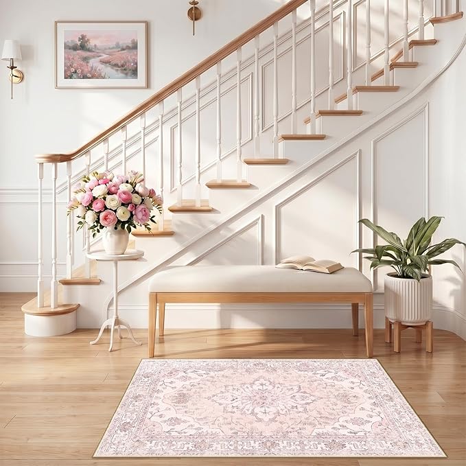 RELEANY Area Rugs Small 2'6"x4' Washable Non-Slip, Floral Vintage Distress Medallion Carpet for Kitchen Entryway Bathroom, Pink Greypink Cute