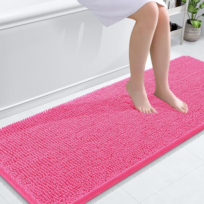 OLANLY Bathroom Runner Rugs 59x24, Soft Absorbent Chenille Bath Rugs, Rubber Backing Quick Dry, Machine Washable Long Bath Mats for Bathroom Floor, Tub and Shower, Home Decor Accessories, Hot Pink