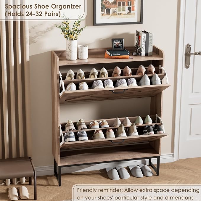 Nicetree Shoe Cabinet with 2 Flip Drawers，Freestanding Shoe Storage Cabinet, Narrow Shoe Organizer Cabinet, Farmhouse Slim Shoe Rack Cabinet for Entryway,Toasted Oak