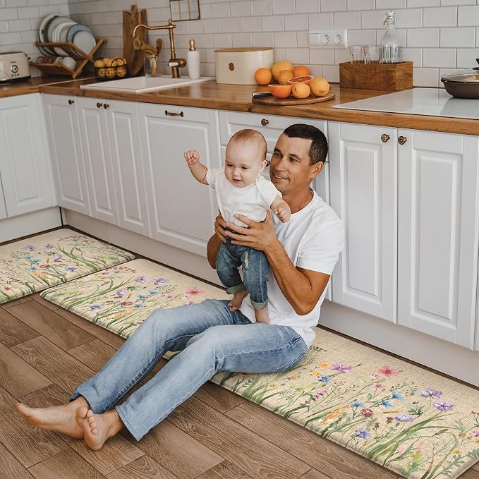 KIMODE Anti Fatigue Mats for Kitchen Floor 17"x59"+17"x29", Farmhouse Floral Kitchen Rugs, Cushioned Memory Foam Kitchen Mats, Comfort Standing Mat for Laundry, Office, Sink, Desk Brown