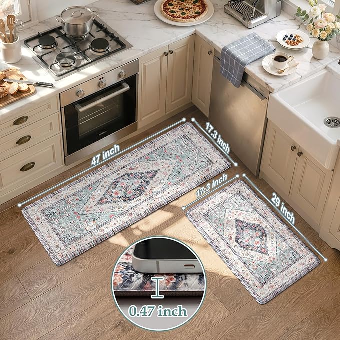 KIMODE Farmhouse Kitchen Mats, Anti Fatigue Kitchen Rugs Sets of 2, Non Slip Paded Kitchen Floor Mats, Blue Boho Laundry Room Rug, Ergonomic Cushioned Comfort Standing Mat for Office, Sink, Desk