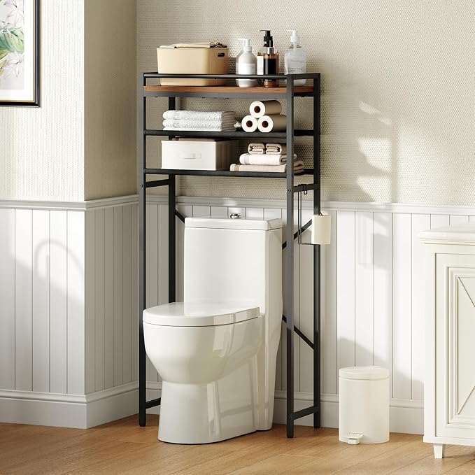 MAHANCRIS Over Toilet Storage, 3-Tier Bathroom Organizer Shelf with Toilet Paper Holder, Freestanding Space Saver Bathroom Shelves Above Toilet for Bathroom, Laundry Room, Rustic Brown TSHR1201