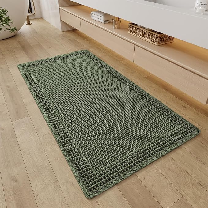 RESARE Waffle Bathroom Runner Rugs, Super Absorbent Bath Mat Non Slip Washable Quick Dry, Upgraded Ultra Soft Boho Bath Rugs with Tassels, Farmhouse Home Decor Accessories, 2'x4'(24"x48") Green