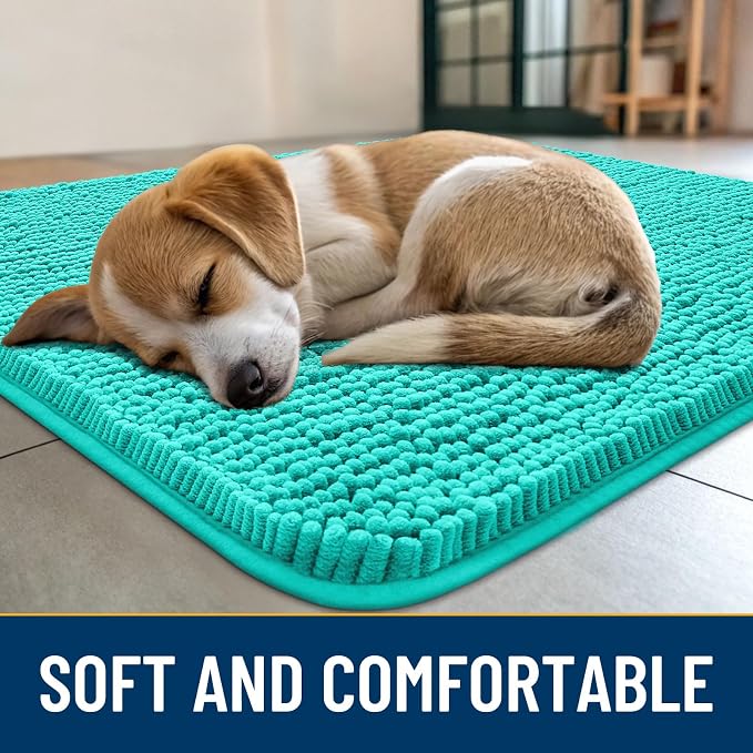 Smiry Dog Door Mat for Muddy Paws 70x32, Absorbent Dirt Trapper, Non-Slip Washable Chenille Entryway Rug for Inside Floor, Teal, Classic Solid